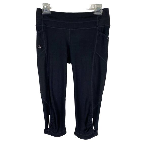 Athleta Be Free Knicker EUC Black XS White Reflectors Capri Side Stash Pocket - Picture 3 of 10